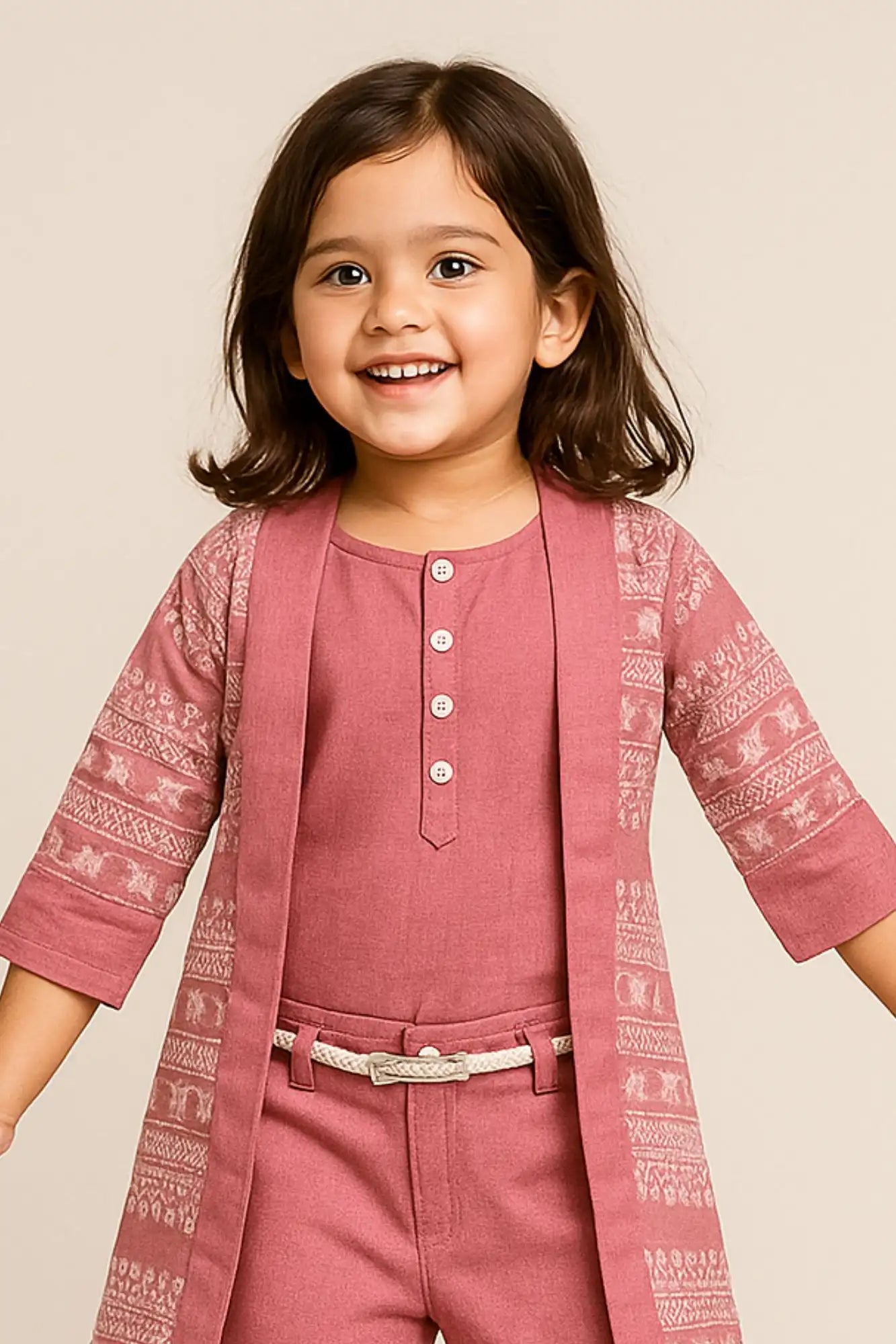 Mauve Printed Three-Piece Co-ord Set with Belted Pants For Girls