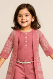 Mauve Printed Three-Piece Co-ord Set with Belted Pants For Girls