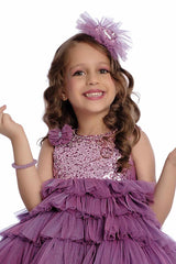 Onion Pink Sleeveless Bushy And Tail Back Frock With Sequin Work For Girls