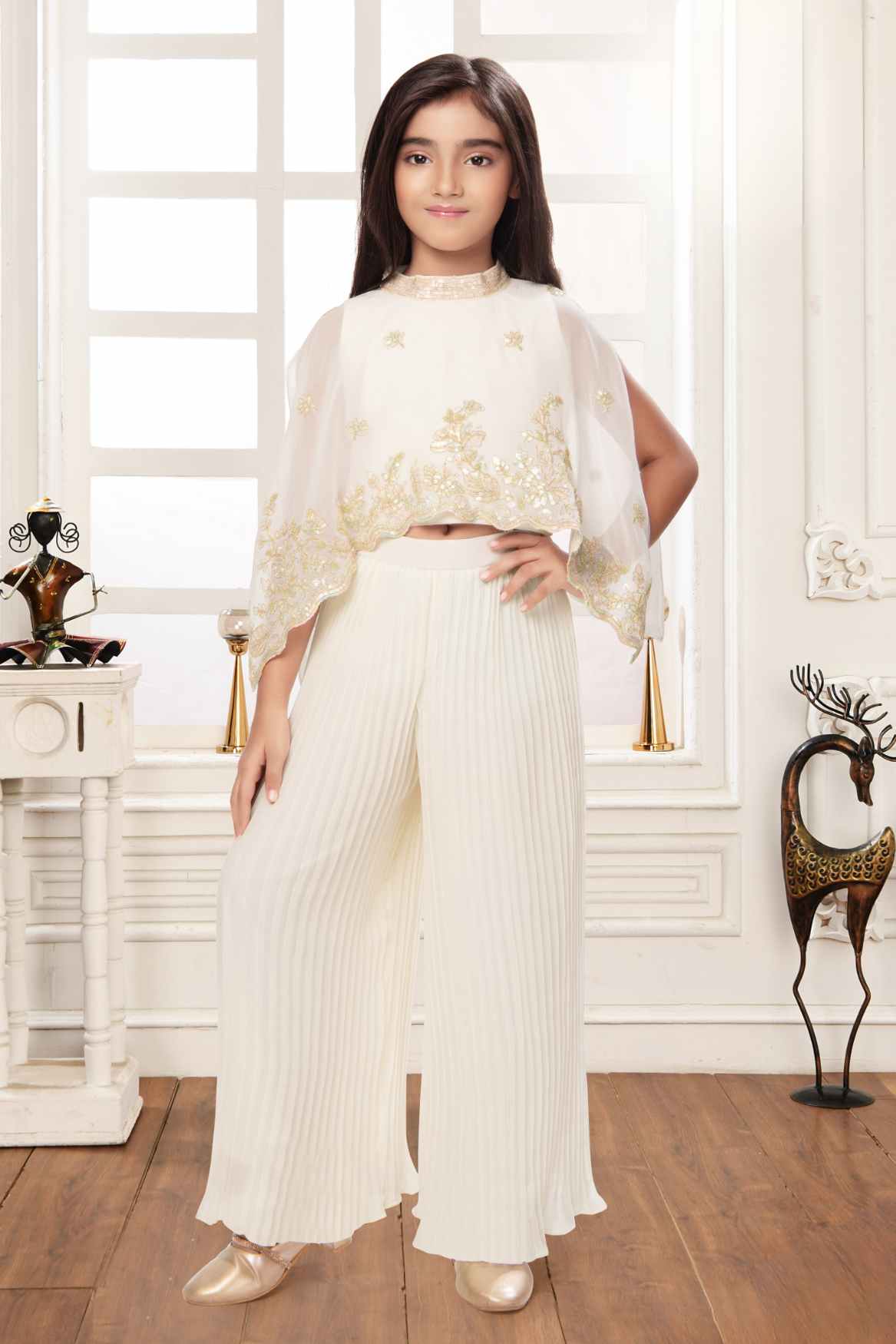 Off White Sequined Top And Palazzo Set For Girls