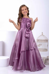 Designer Mauve Bow Embellished And Stone Work Party Wear Gown For Girls