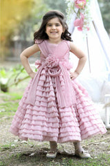 Onion Pink Sleeveless With Floral And Bow Embellished Layer Gown For Girls