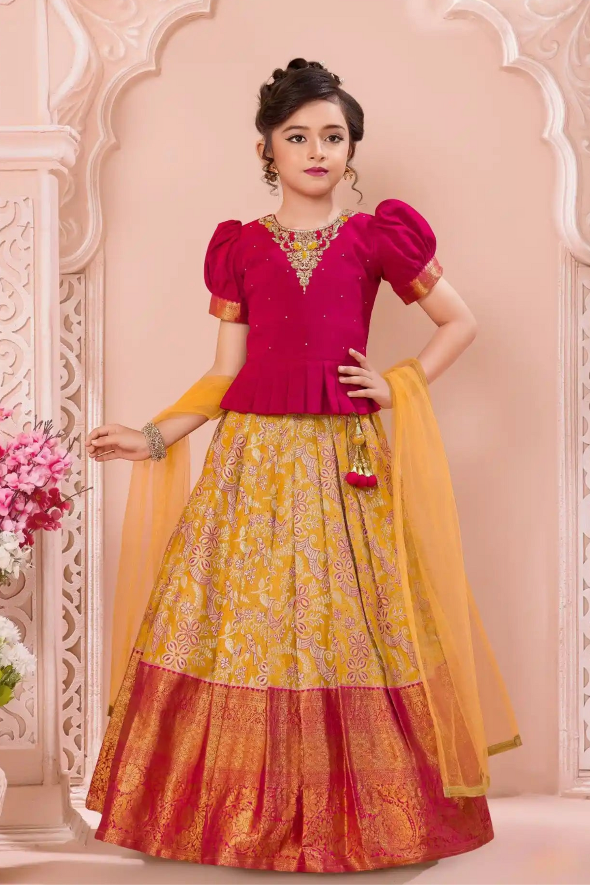 Maroon Peplum Top & Yellow Woven Pattu Pavadai Set with Dupatta For Girls