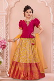 Maroon Peplum Top & Yellow Woven Pattu Pavadai Set with Dupatta For Girls