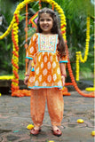Orange Printed Kurta Dhoti Set with Embroidered Yoke and Tassel Tie-Ups For Girls