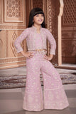 Blush Pink Thread Embroidered Palazzo Set with Crop Top and Matching Jacket for Girls