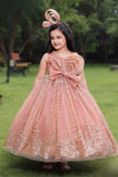 Peach Gown With Bow Embellished And Shimmer Printed For Girls