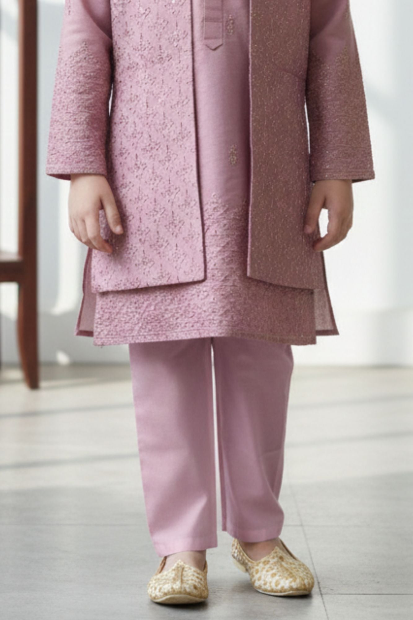 Onion Pink Embroidered Kurta Pyjama Set with Jacket For Boys