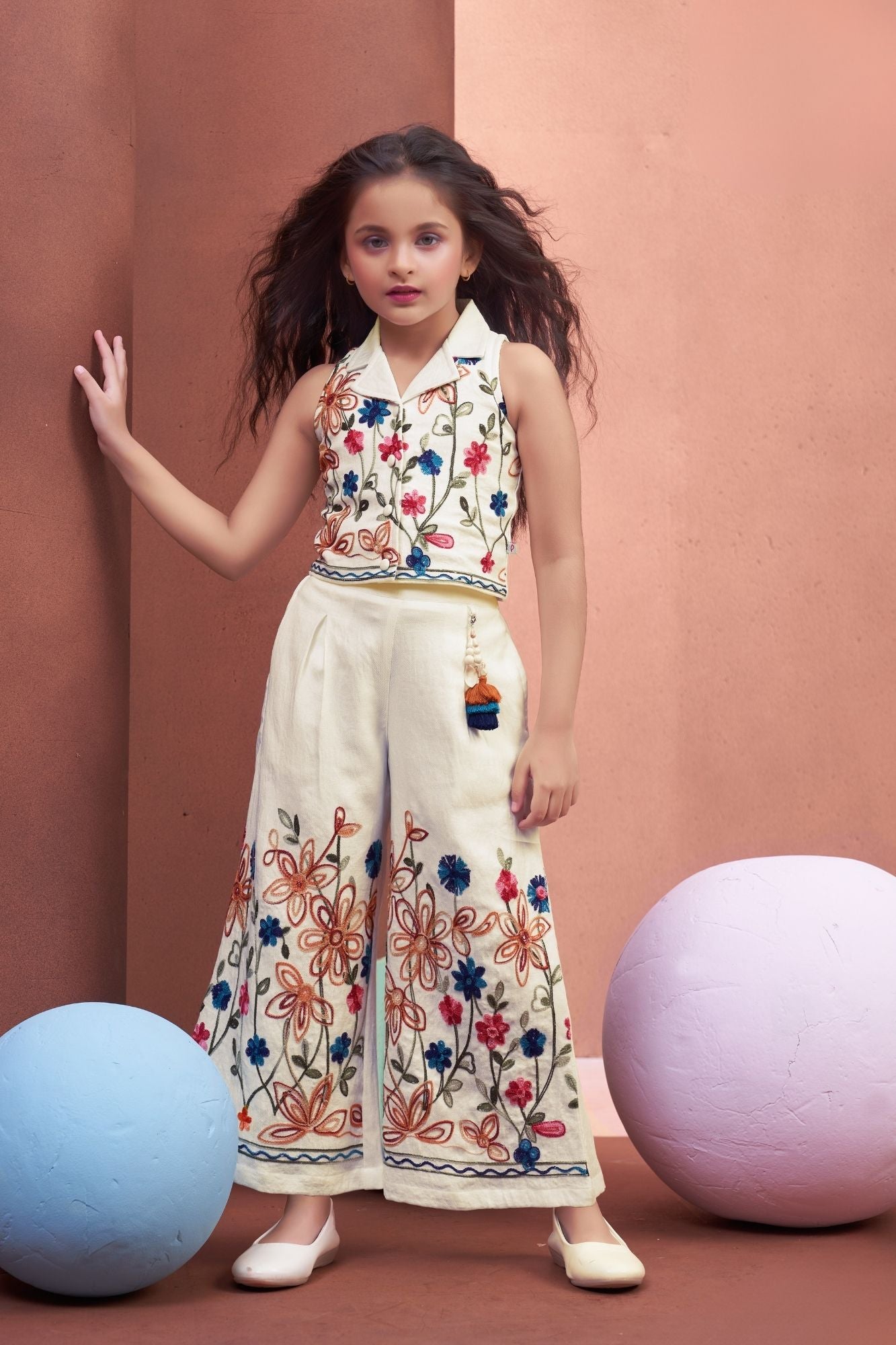 Girls Elegant White Embroidered Top And Pants Co-Ord Set With Multicolor Floral Detailing
