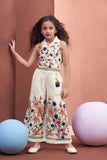 Girls Elegant White Embroidered Top And Pants Co-Ord Set With Multicolor Floral Detailing