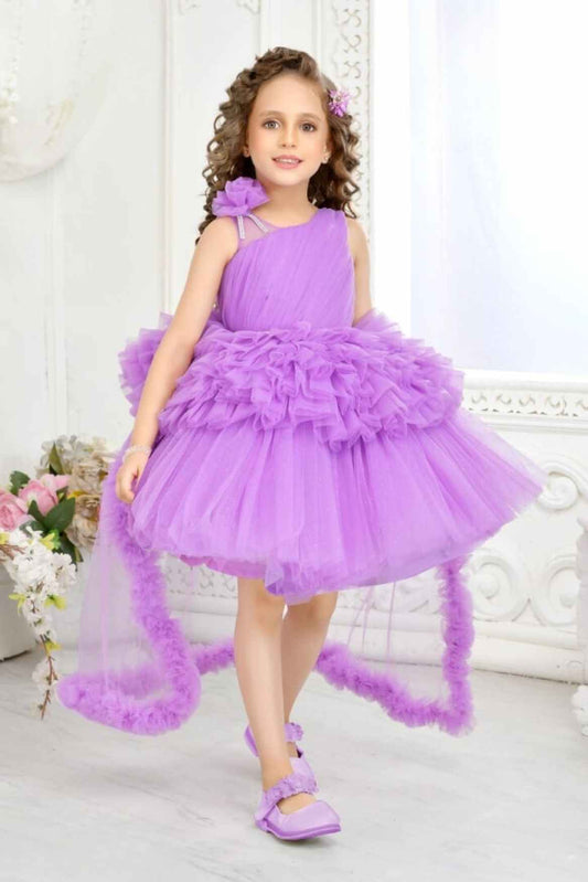 Purple Tailback Frock With Floral Embellished For Girls