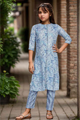 Blue Printed And Stone Work Kurta With Pant Set For Girls