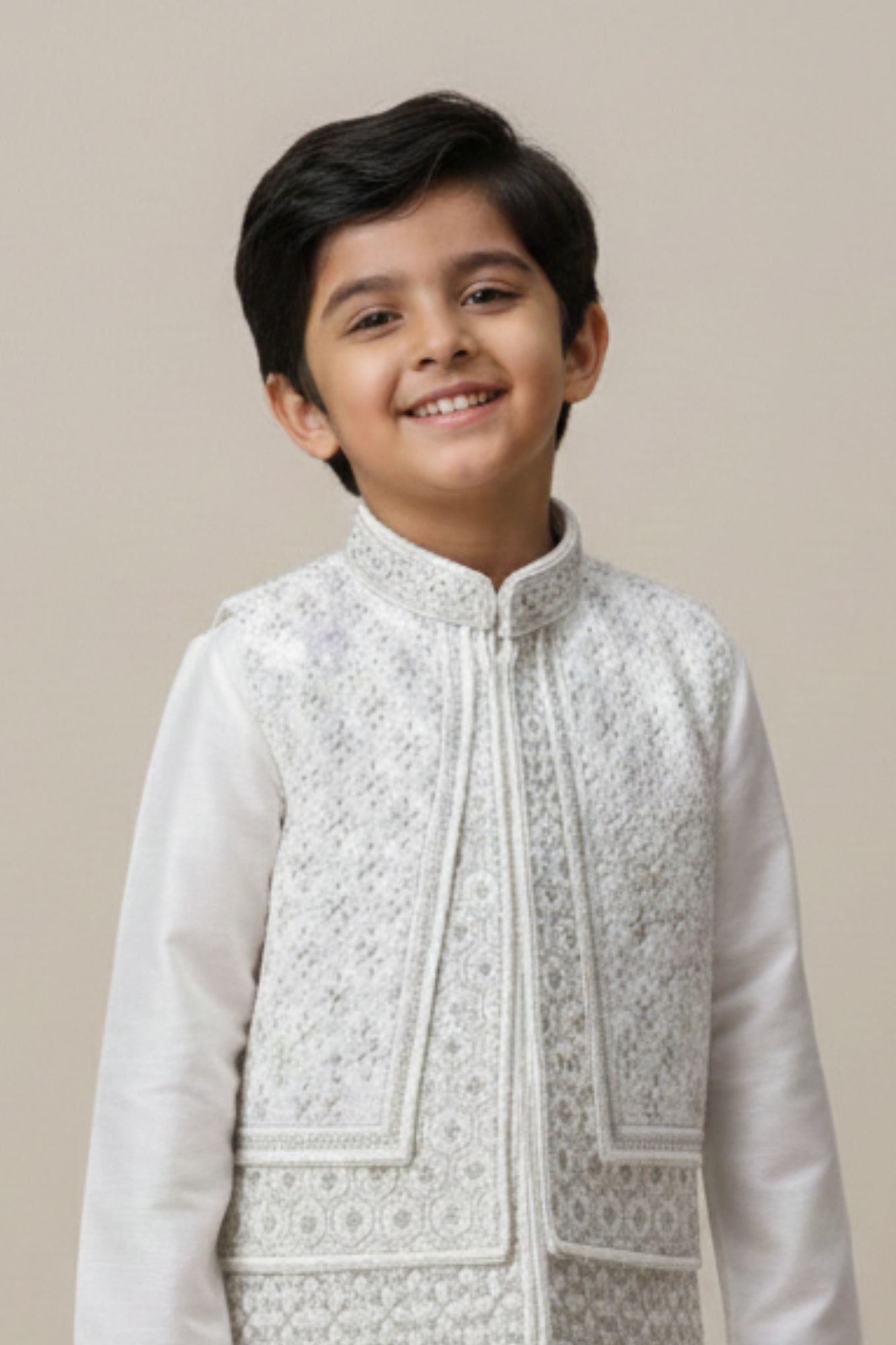 White Embroidered Kurta Pajama Set with Ethnic Jacket for Boys