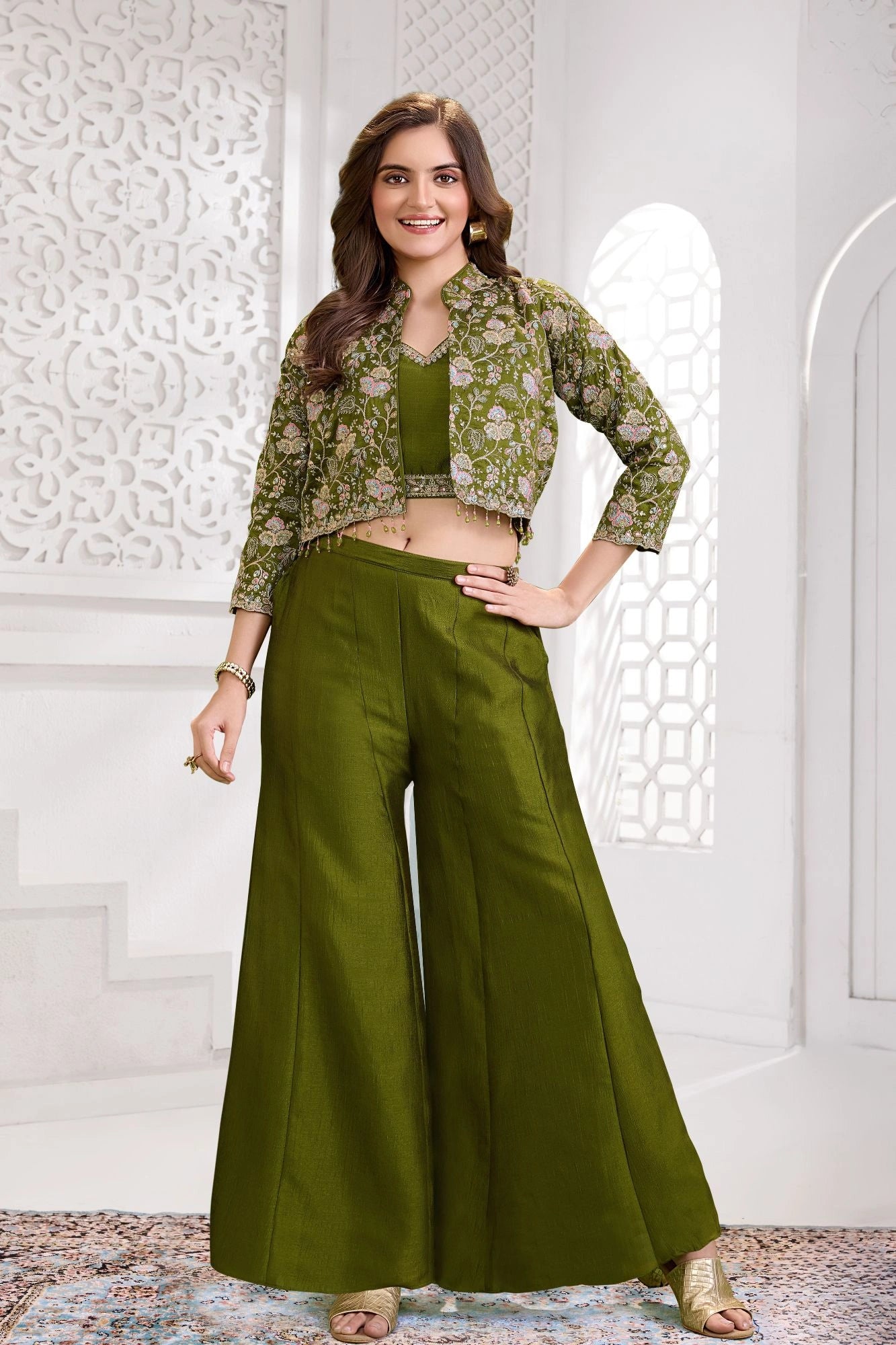Olive Green Embroidered Palazzo Set with Crop Top & Jacket For Girls