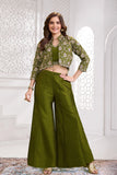 Olive Green Embroidered Palazzo Set with Crop Top & Jacket For Girls