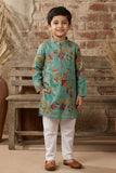 Sea Green Printed Kurta Set with Cream Pyjama For Boys