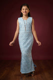 Girls Sky Blue Sequins Embellished Mermaid Gown with Textured Lace Detailing