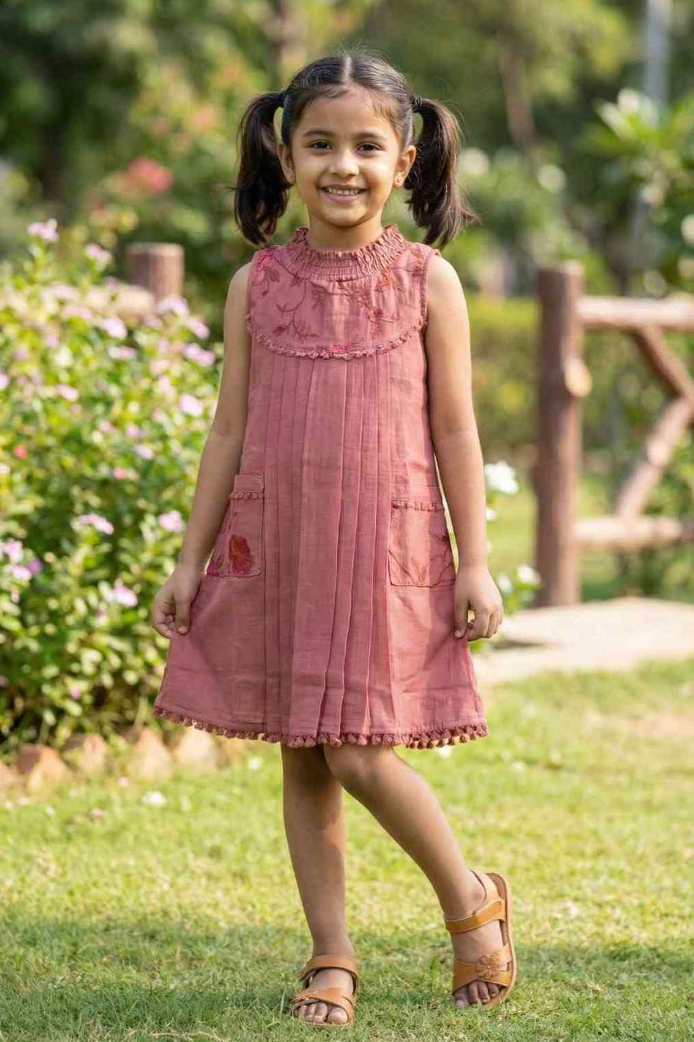 Rust Pink Floral Embroidered Frock For Girls