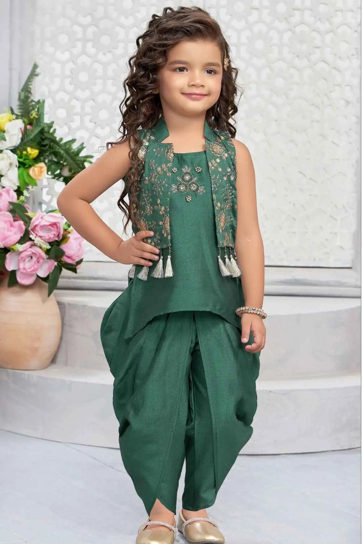Green Dhoti Set With Embroidered Kurti And Jacket For Girls
