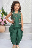 Green Dhoti Set With Embroidered Kurti And Jacket For Girls