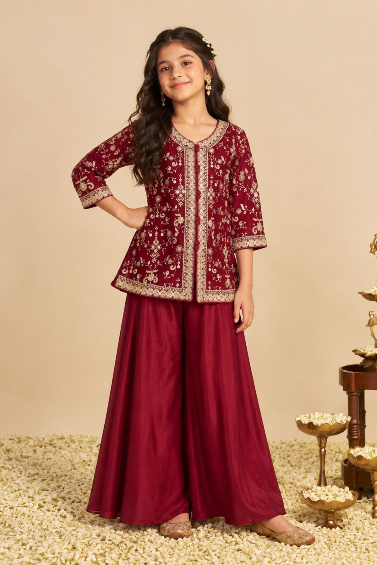Girls Maroon Sequin Embroidered Palazzo Set with Dupatta