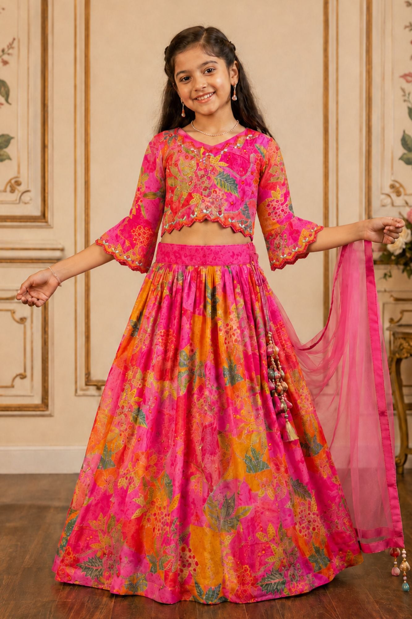 Pink and Orange Floral Printed Lehenga Choli Set with Dupatta