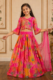 Pink and Orange Floral Printed Lehenga Choli Set with Dupatta