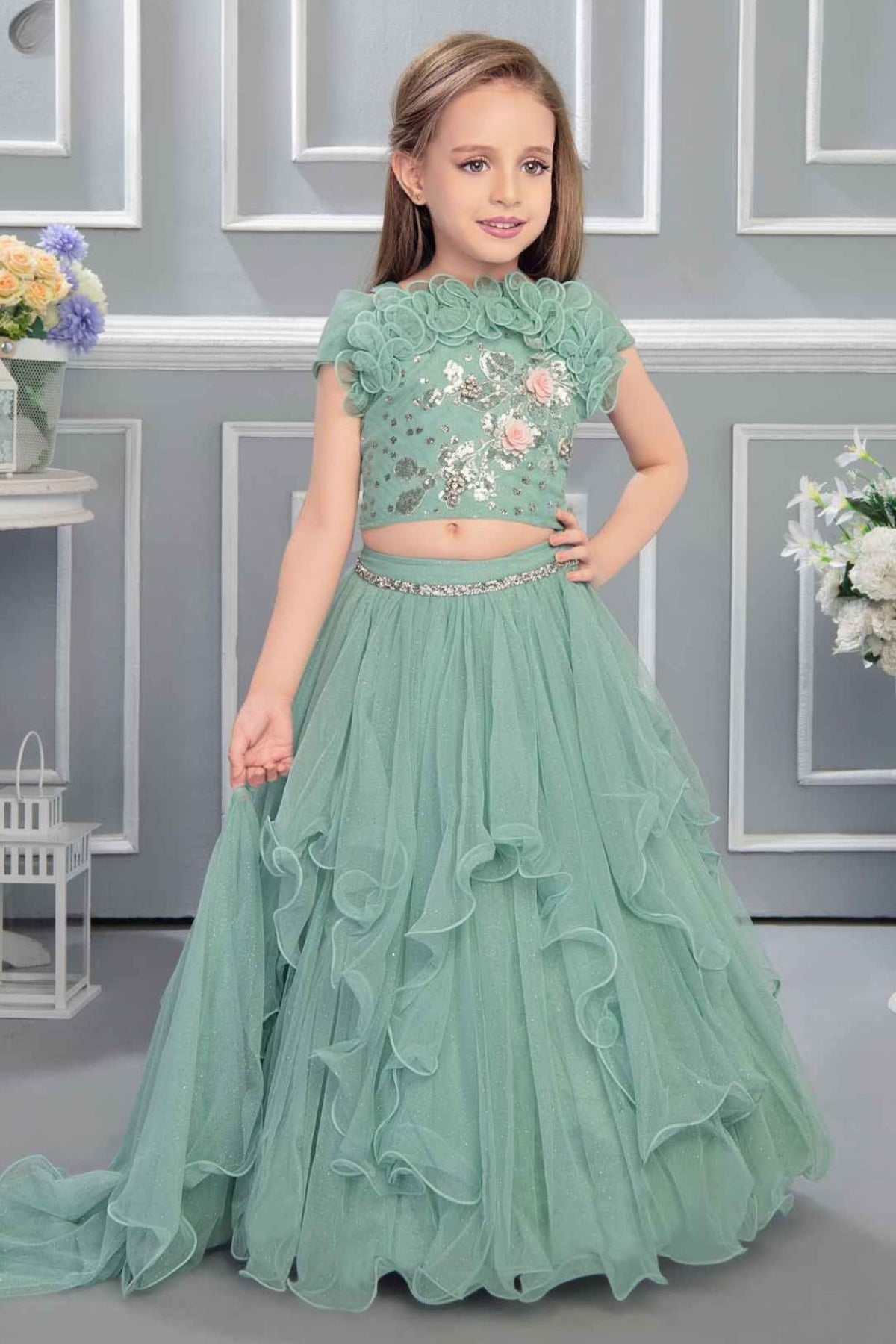 Aqua Blue Floral Ruffle Lehenga Choli For Girls