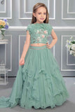 Aqua Blue Floral Ruffle Lehenga Choli For Girls