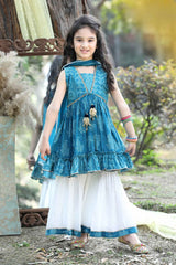 Blue Printed Kurti And White Palazzo With Dupatta Set For Girls