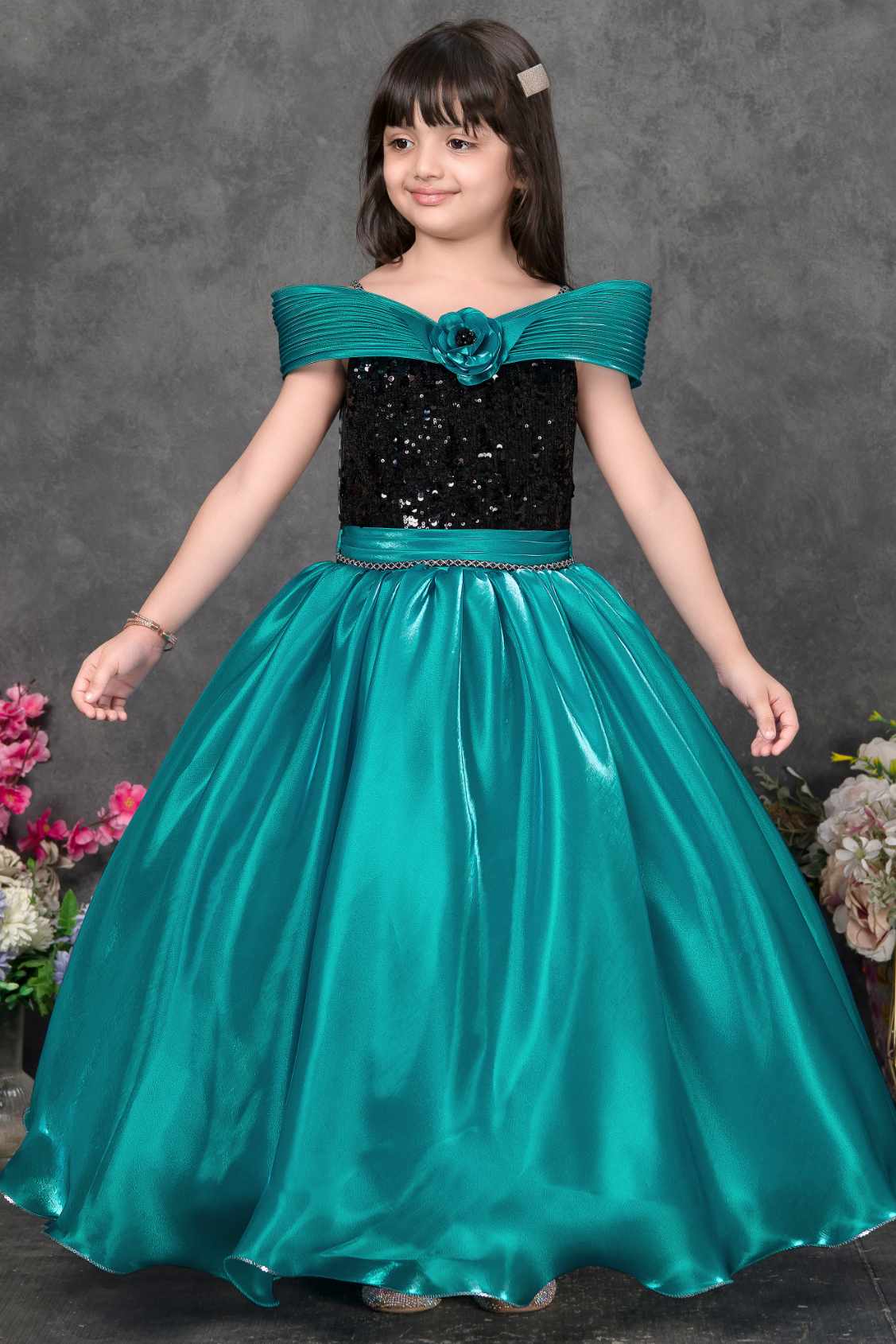 Teal Sequin Princess Party Wear Gown For Girls