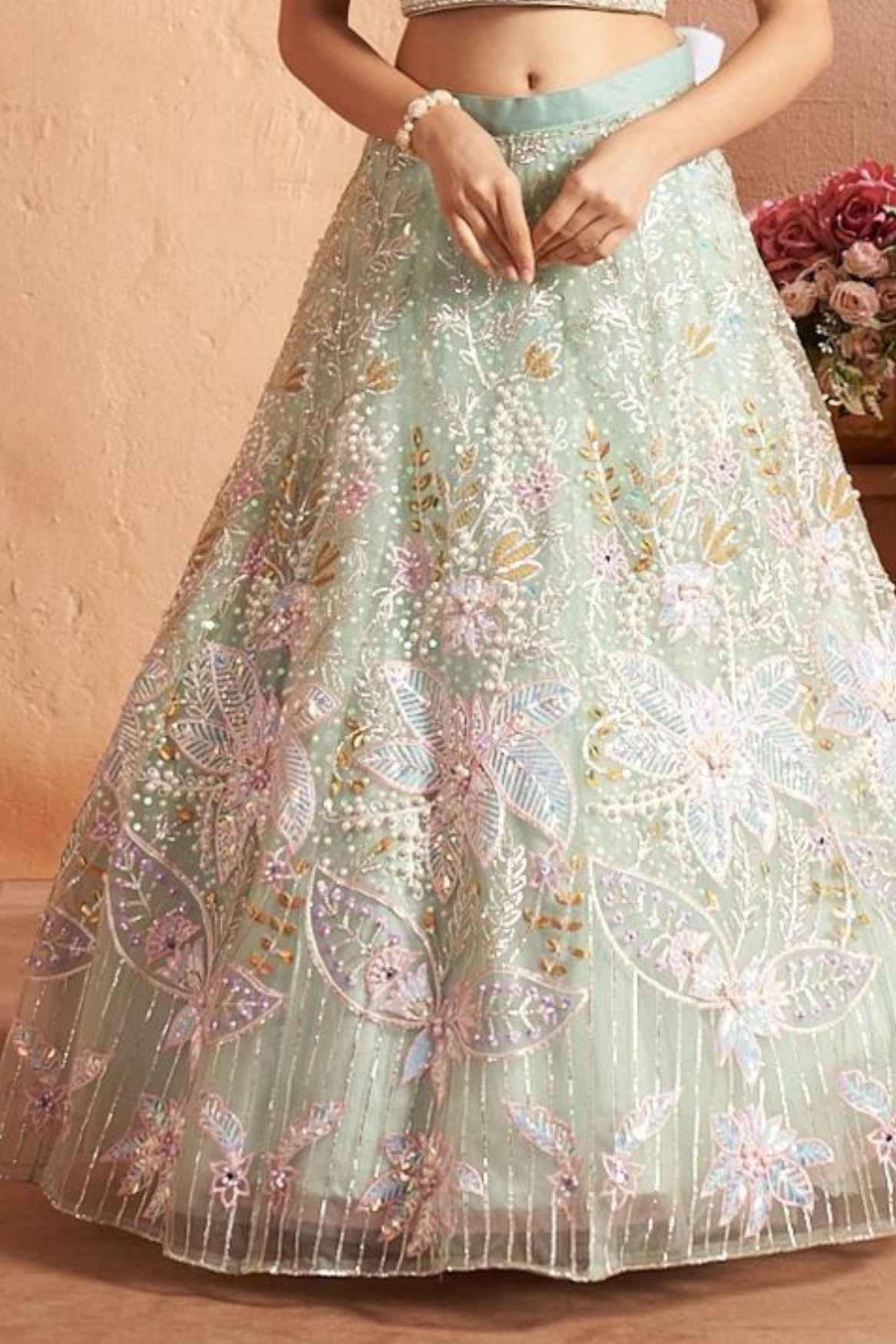 Designer Pastel Green Sequins Embroidered And Stone Work Lehenga Choli Set For Girls