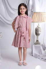 Pink Dress With Floral Embroidered And Flutter Sleeves For Girls