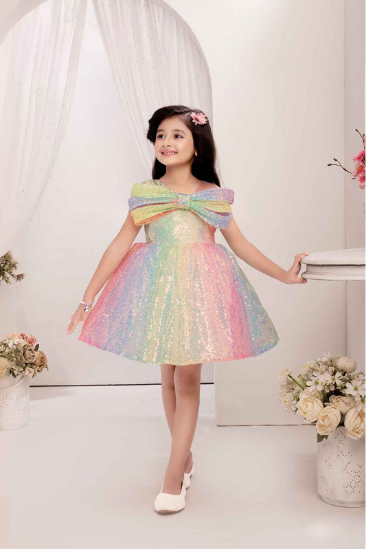 Multicolor Sequin Frock With Bow Embellished For Girls