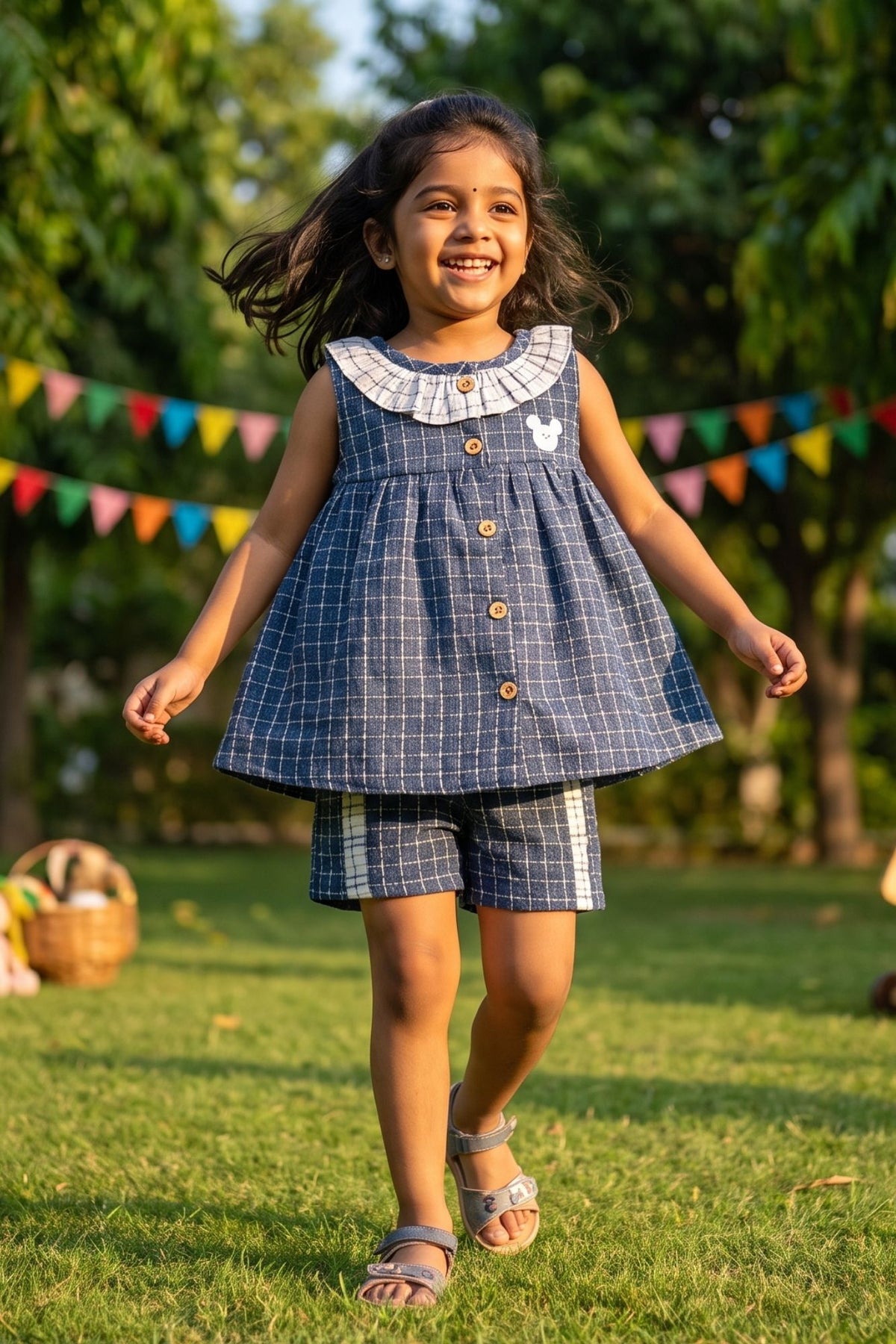 Adorable Girls Navy Blue Checked Top & Shorts Set with Ruffle Collar