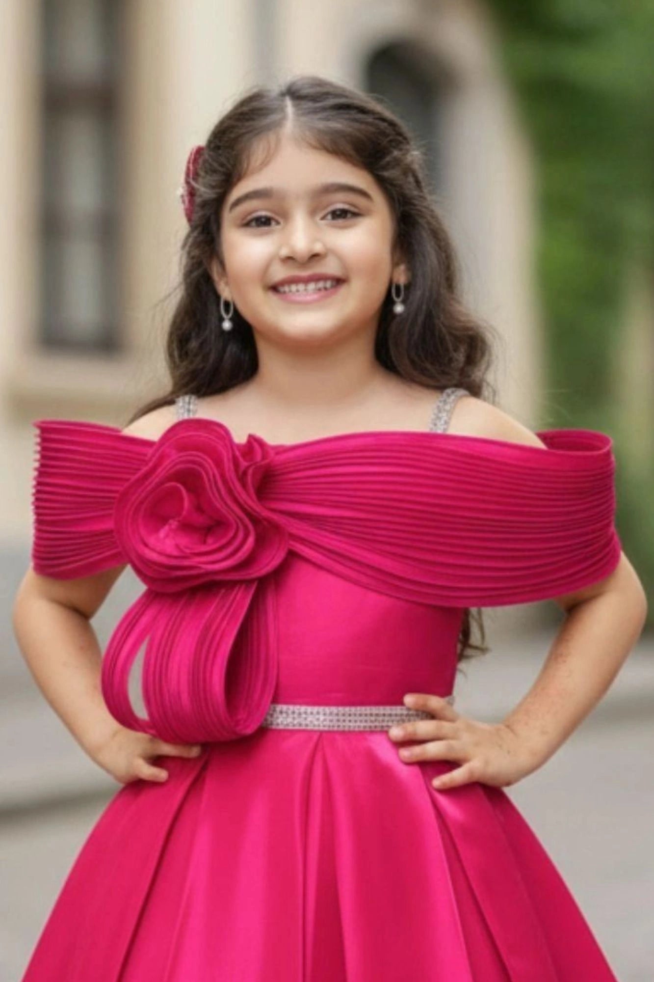 Rani Pink Off-Shoulder Pleated Bow Party Gown For Girls