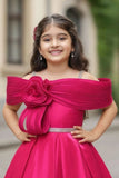 Rani Pink Off-Shoulder Pleated Bow Party Gown For Girls