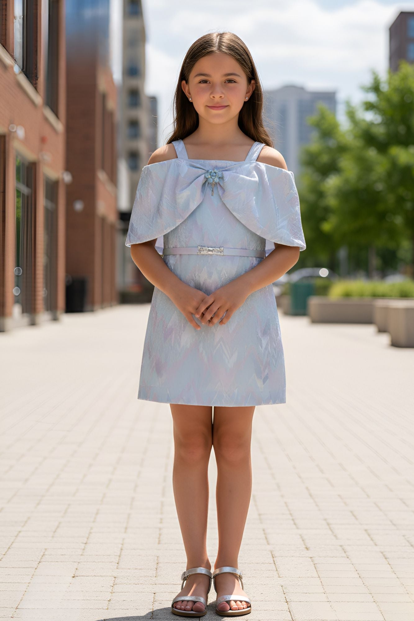 Light Blue Off-Shoulder Bow Party Dress For Girls
