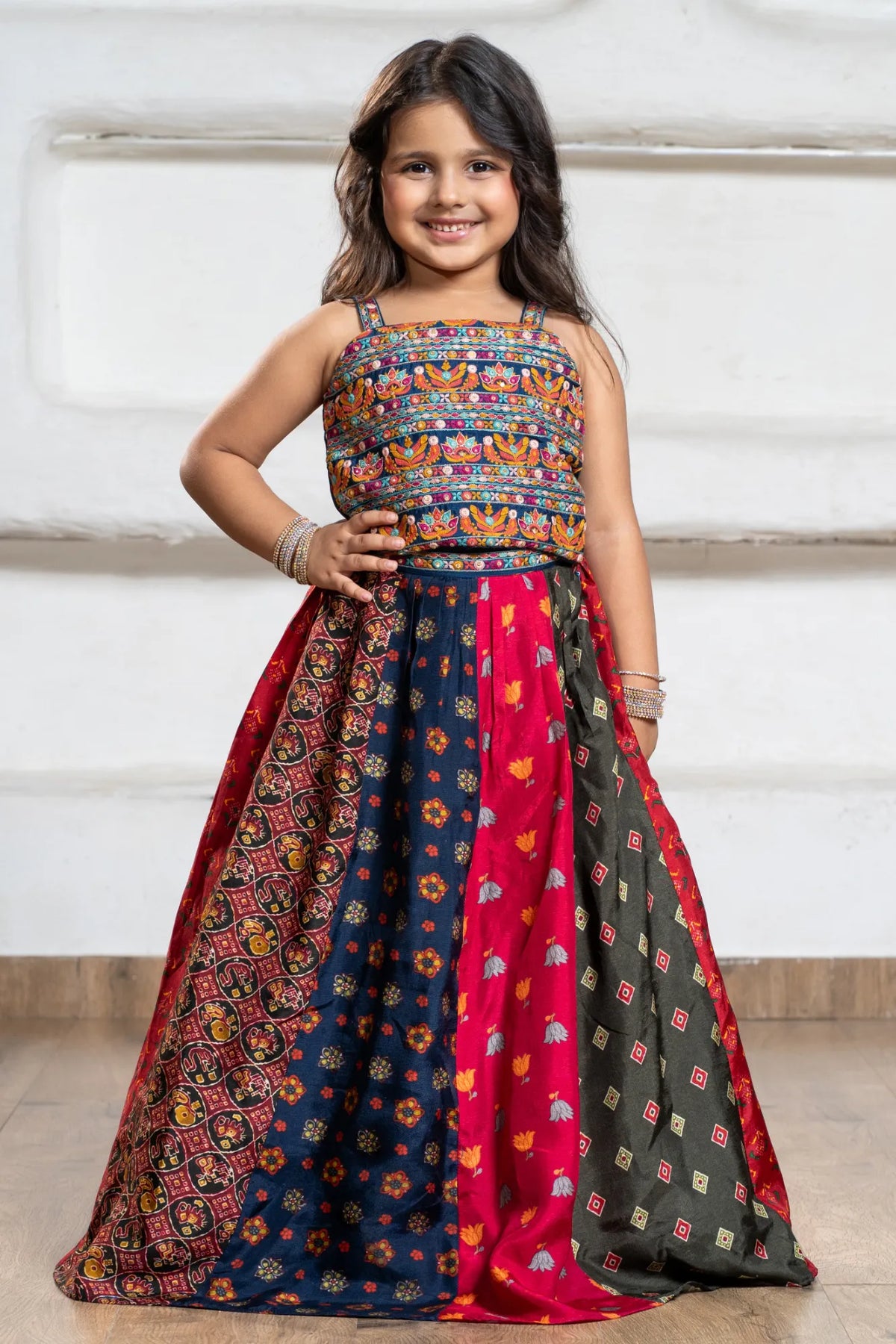 Multicolor Bandhani Printed And Floral Embroidered Lehenga Choli For Girls