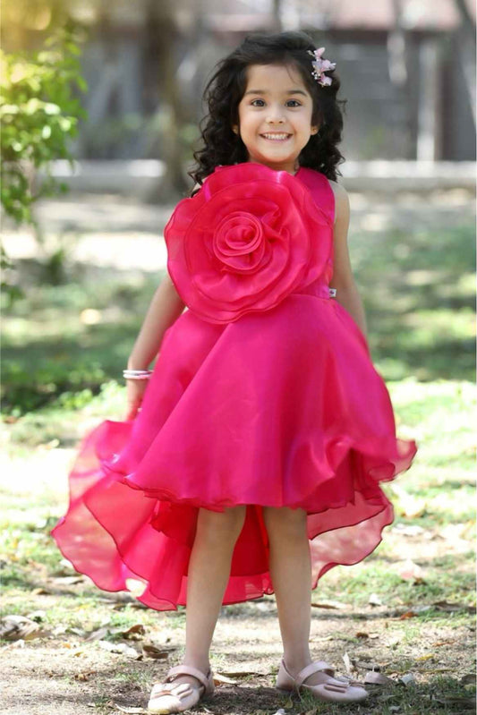 Elegant Rani Pink Oversized Floral Embellishment Party Wear Tailback Frock For Girls