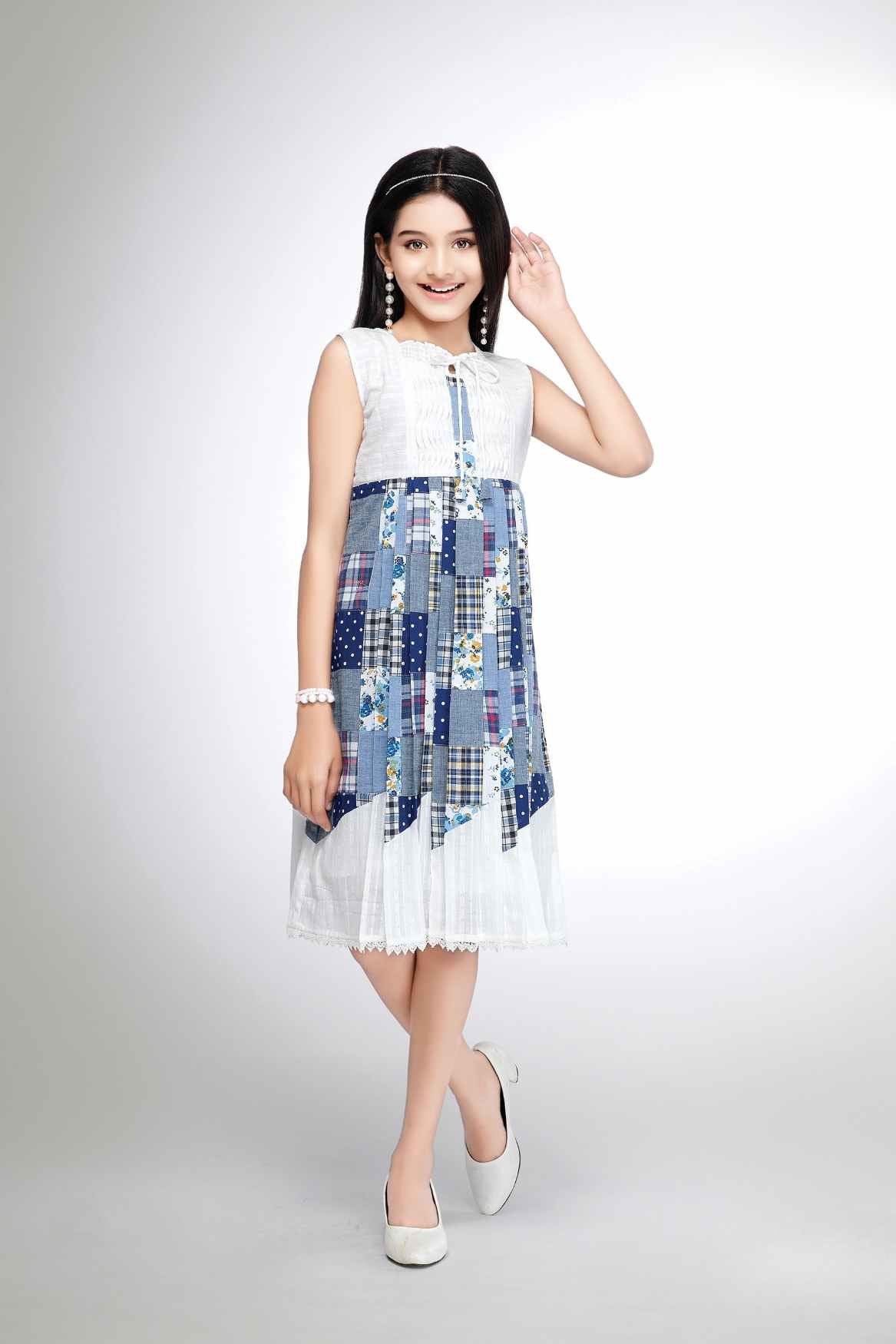 White Casual Dress With Blue Printed Patchwork For Girls