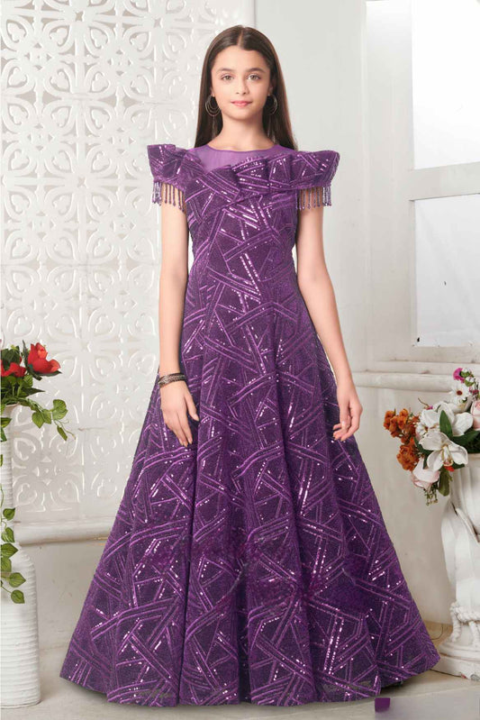 Royal Purple Sequined Partywear Gown For Girls