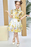 Yellow Floral Top & White Pleated Skirt Set For Girls