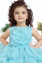 Blue Multilayered Frock With Floral Embellished For Girls