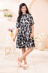 Black Elbow Length Sleeves Printed Frock For Girls