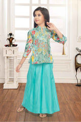 Sea Green Printed Sequin And Embroidered Palazzo Set For Girls