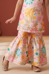 Girls Peach Floral Printed Sharara Set with Spaghetti Strap Top