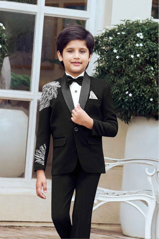 Classic White Shirt With Embroidered Black Blazer And Pant Set For Boys