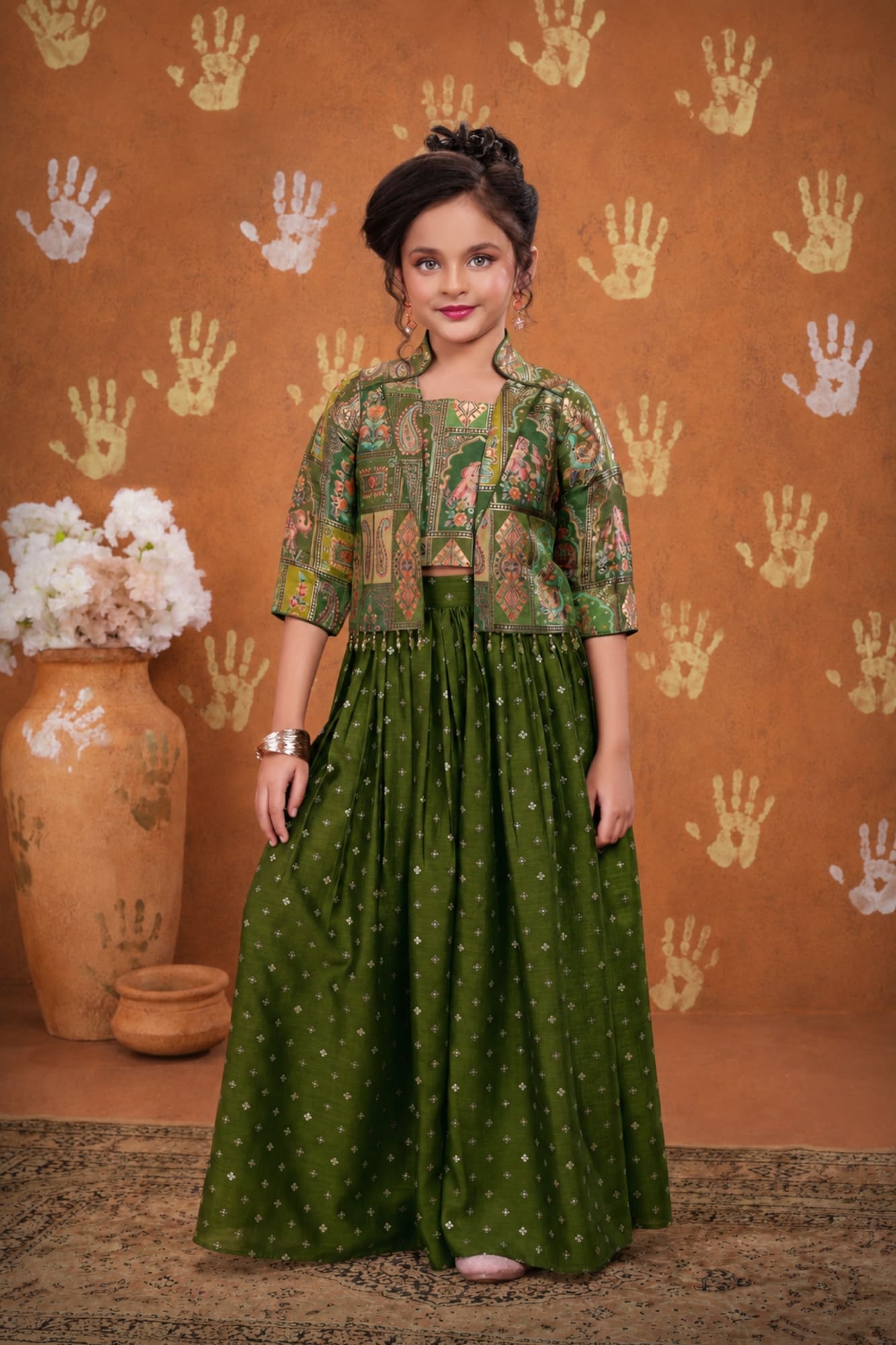Girls Olive Green Printed Palazzo Set with Jacket and Palazzo Pants