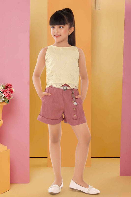 Stylish Cream Top With Shorts Set For Girls